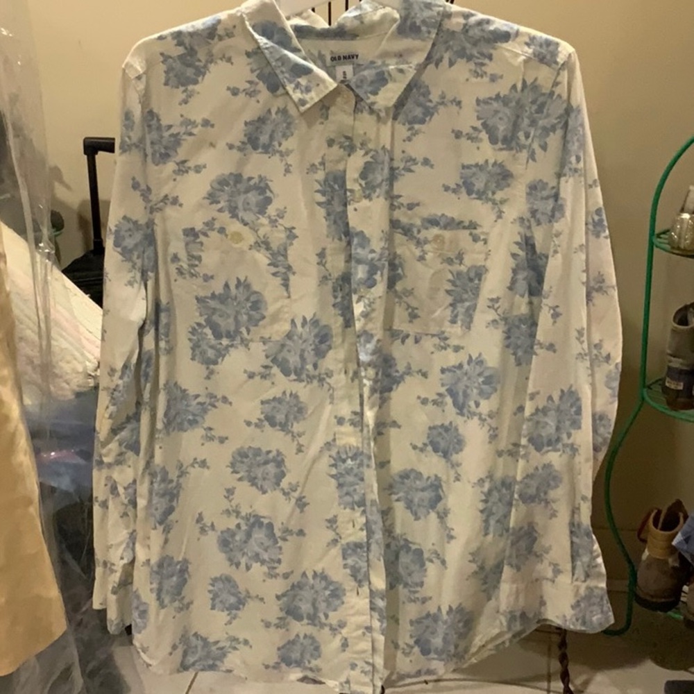 Old Navy Blue and White Floral Button Down Shirt